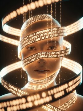 Full-length digital figure woven entirely from binary code