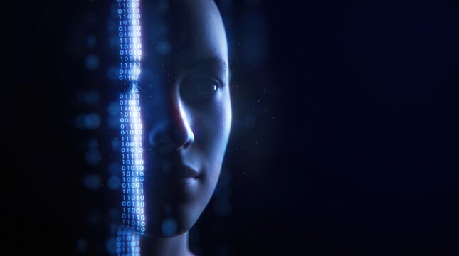 Face emerging from darkness lit by a narrow band of code