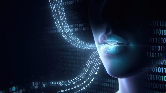 Full-length digital figure woven entirely from binary code