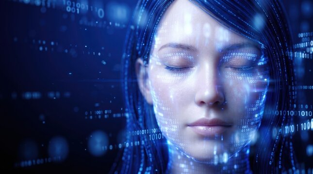 Full-length digital figure woven entirely from binary code