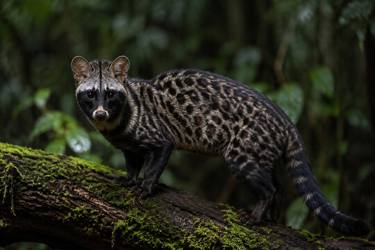 Wild African civet on mossy log in dim rainforest, spotted coat and dark face mask, wildlife and nature concept