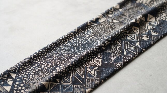 Indonesian batik fabric dark blue white leaf pattern on concrete, ideal for textile, ethnic fashion, cultural heritage, traditional craft and handmade fabric mockup background presentation design art.