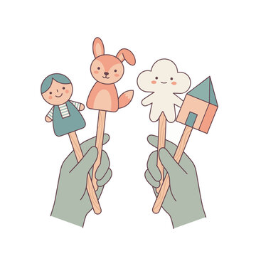 Two hands holding wooden stick puppets of a girl, fox, cloud, and house. Flat vector illustration of childhood play and storytelling