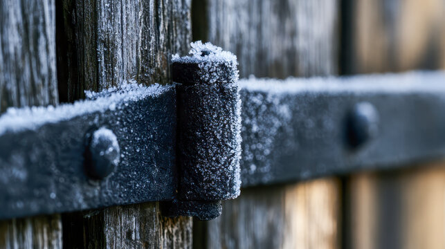 Frost covered iron hinge on old wooden door, winter season detail
