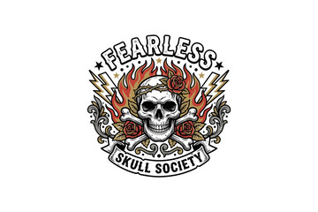 Fototapeta premium Fearless Skull Society emblem featuring flaming skull, crossbones, roses and lightning vector illustration on white