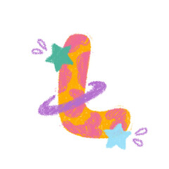 Elegant orange hand drawn crayon letter L with purple swirl and yellow star doodle, playful pastel alphabet typography font for kids education, preschool learning, scrapbook elements © ilustrasi SA