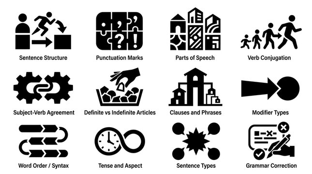 Collection of educational grammar and linguistic icons set with linguistic education sentence punctuation conjugation structure language learning agreement articles modifier infinity