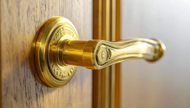 Close-up of an elegant polished brass door handle mounted on a wooden door, featuring ornate detailing and warm golden reflections.
