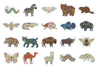 Fototapeta premium Colorful Patterned Animal Illustrations with Transparent Background for Creative Designs transparent background