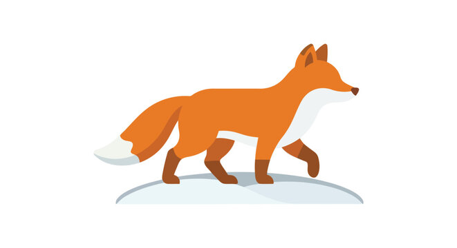 An orange fox walks across a white surface in a flat vector illustration