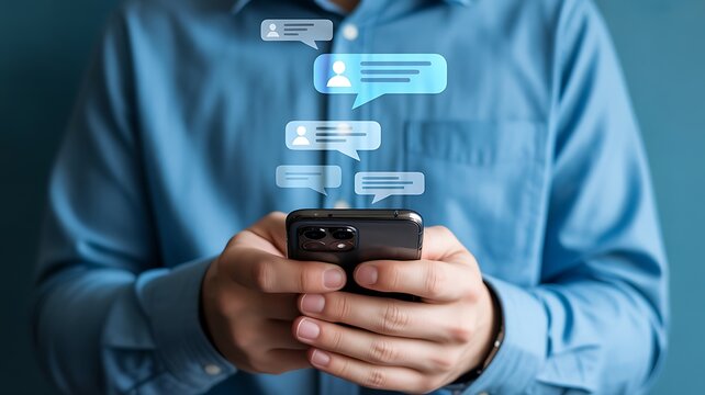 Hands holding a smartphone with floating chat bubbles, symbolizing digital communication and instant messaging