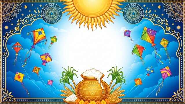 Luxury harvest festival background with soaring colorful kites radiant sun arch frame golden pongal pot and copy space for banner design