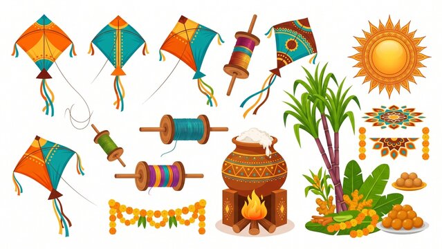 Vibrant makar sankranti element set with colorful flying kites clay pot and sugarcane stalks for harvest festival design kit