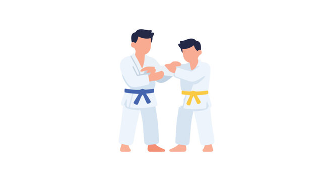 Two martial artists practice judo depicted in a flat vector illustration