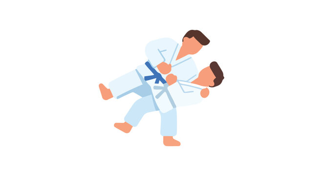 Two martial artists grapple in a flat vector illustration on a white background