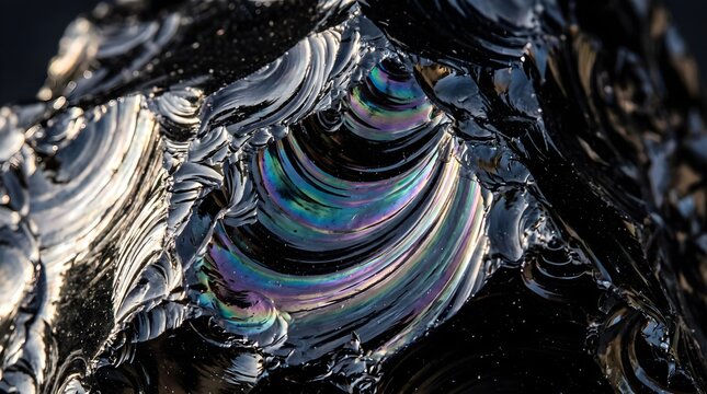 Iridescent black obsidian stone macro, volcanic glass texture with rainbow sheen, dark glossy mineral surface with conchoidal fracture patterns