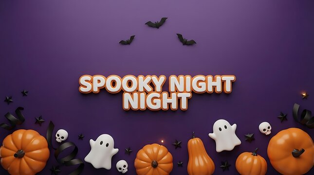 Halloween Spooky Night Scene with Ghosts and Pumpkins Decoration