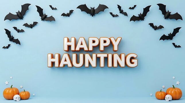 Happy Haunting Halloween Greeting Card Design With Bats And Pumpkins
