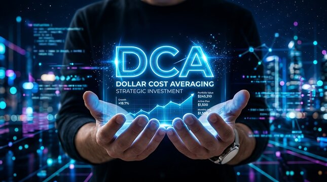 Hands holding digital dollar cost averaging investment chart with futuristic city background