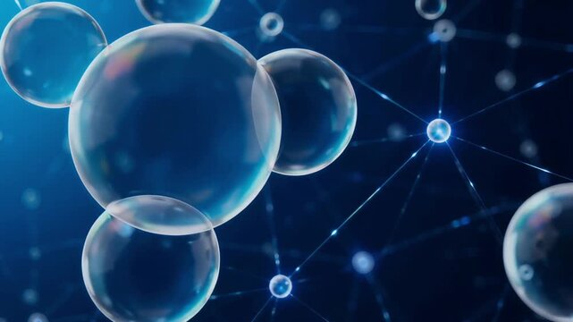 Abstract microscopic molecules connecting in deep blue liquid motion animation representing scientific data network connectivity video