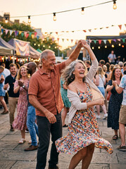 Senior couple dancing at an outdoor summer festival, illustrating active aging and a joyful mature relationship. © Tania Zbrodko