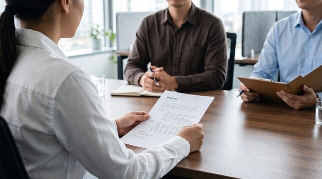 Job applicant holding resume paper during employment interview with human resources managers. Hiring team evaluates candidate profile for corporate staffing in conference room.