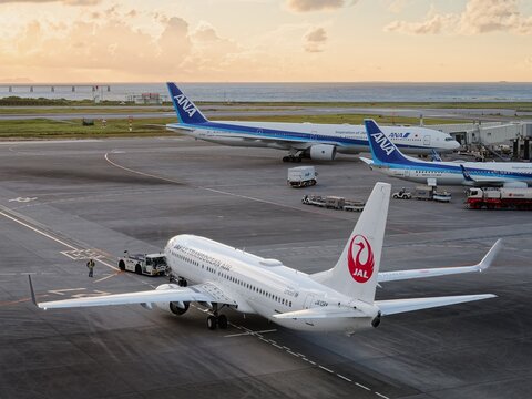 ANA All nippon Airways and Japan AirlinesAircrafts at Naha airport apron Airline Business : Okinawa , Japan - Sep 3, 2019