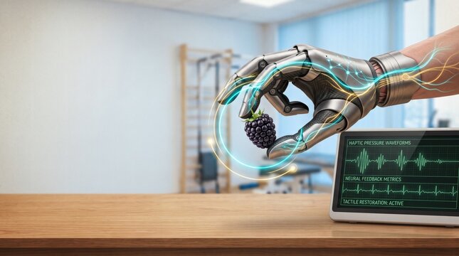 High tech bionic prosthetic robotic hand resting on wooden table beside vital signs monitor screen. Advanced cybernetic limb technology demonstrating neural biomedical engineering innovation.