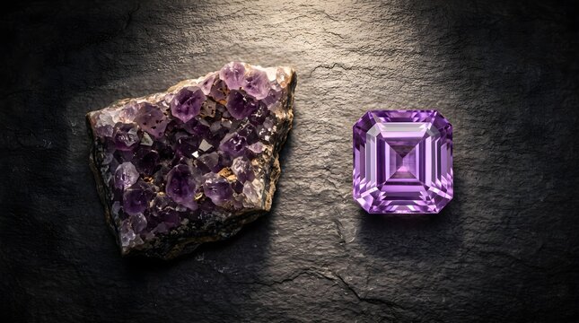 Natural purple amethyst geode and faceted square gemstone, raw mineral crystal and polished violet jewel on black slate, luxury jewelry concept