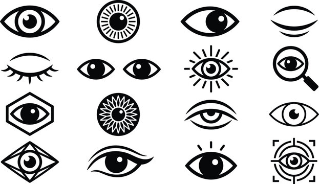 Minimalist eye icon set including vision tracking magnifying glass and abstract gazes