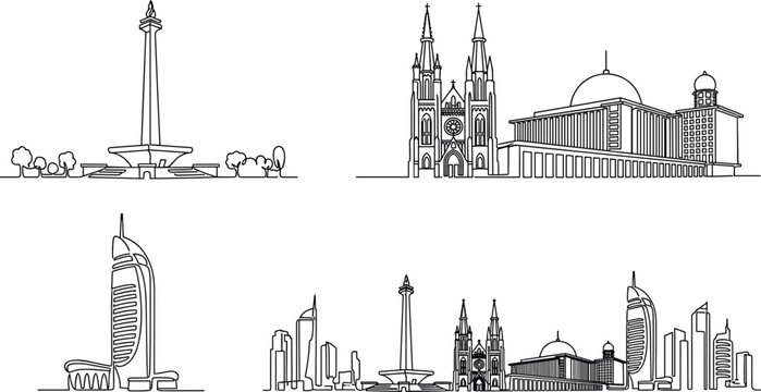 Jakarta cityscape landmarks set vector illustration featuring minimalist continuous single line drawing of Monas Istiqlal Mosque and Cathedral skyline