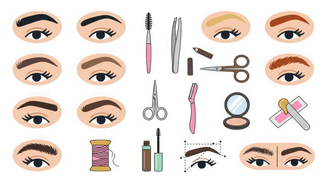 Illustrations of various eyebrow styles and makeup tools for beauty transparent background