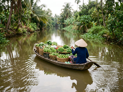 Vendor paddling a wooden boat loaded with baskets of tropical fruit along a narrow canal