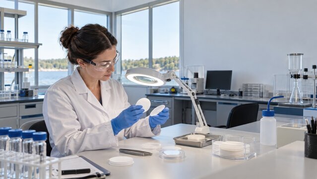 Scientist examining water filter membranes in a modern laboratory