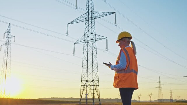 A maintenance engineer in reflective gear overlooks a row of power lines at sunset, symbolizing the vital role of electricity in our lives.
