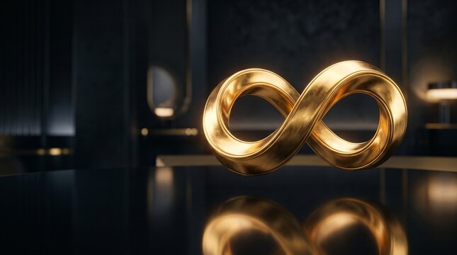 Elegant infinite golden loop floating above a dark reflective surface, representing continuous growth, long-term investment, recurring business success and financial freedom.