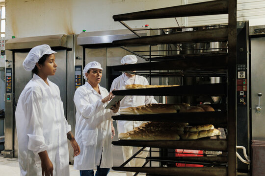 Bakery workers checking bread production in industrial oven