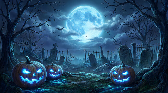 Spooky Graveyard with Glowing Jack-o'-Lanterns Under Full Moon