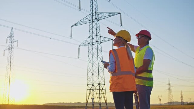 At a serene power line construction site, two maintenance engineers, a caucasian male and an asian female, inspect the towering steel structures under the golden sunset.
