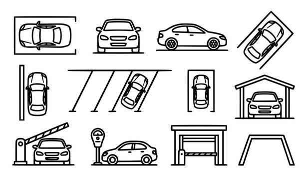 Parking space outline icons with parked car garage and vehicle positioning