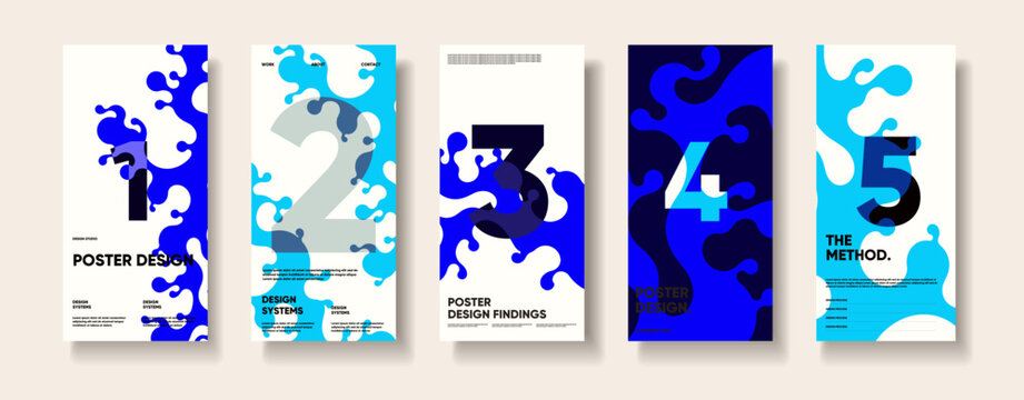 Modern poster design collection with oversized numerals, organic abstract shapes, bold typography and editorial text arranged on vertical printed layouts against a plain backdrop.