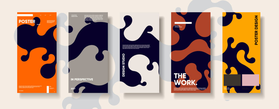 Design collection of abstract posters with organic navy shapes, bold typography, geometric blocks, and muted backgrounds arranged in a floating row with soft shadows.