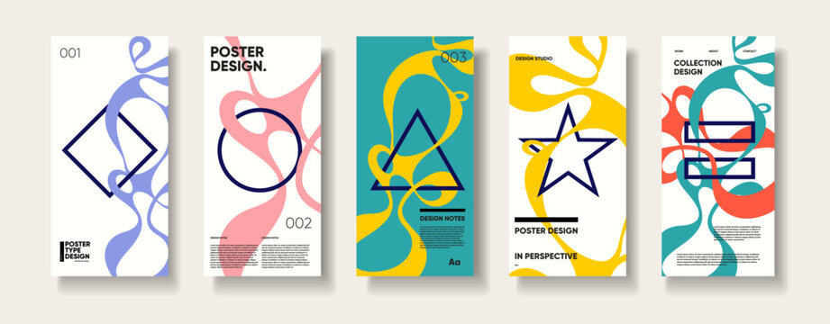 Design collection of vertical abstract posters featuring flowing ribbons, geometric outlines, bold typography, and small text blocks, displayed against a neutral background.