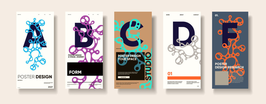 Contemporary poster design collection featuring oversized alphabet letters layered with fluid abstract forms, editorial typography, text blocks, and soft shadows on a neutral backdrop.