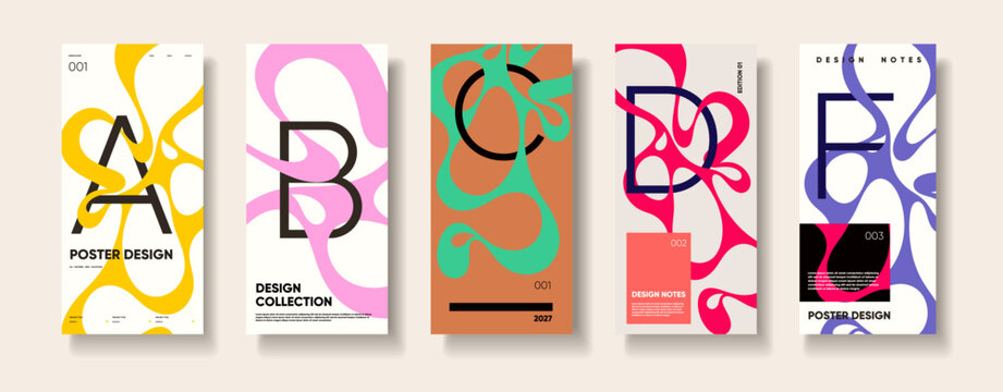 Design collection of contemporary abstract posters featuring bold looping lines, oversized geometric letters, editorial typography, and floating card mockups on a neutral background.