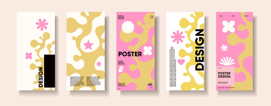 Contemporary poster design collection features abstract organic shapes, flower motifs and bold typography on vertical layouts, displayed with soft shadows against a pale background.