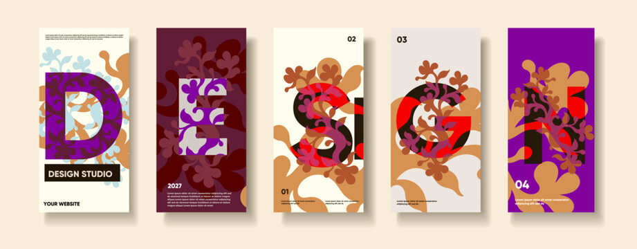 Design collection of abstract editorial posters featuring oversized lettering, flowing floral forms, and small text blocks in contrasting layered compositions on a pale backdrop.