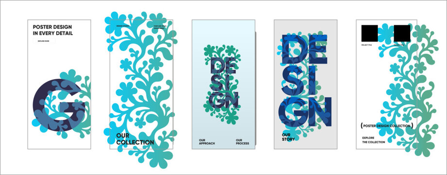 Contemporary poster design collection with bold geometric typography layered over flowing abstract botanical motifs, arranged as tall editorial layouts on a clean background.