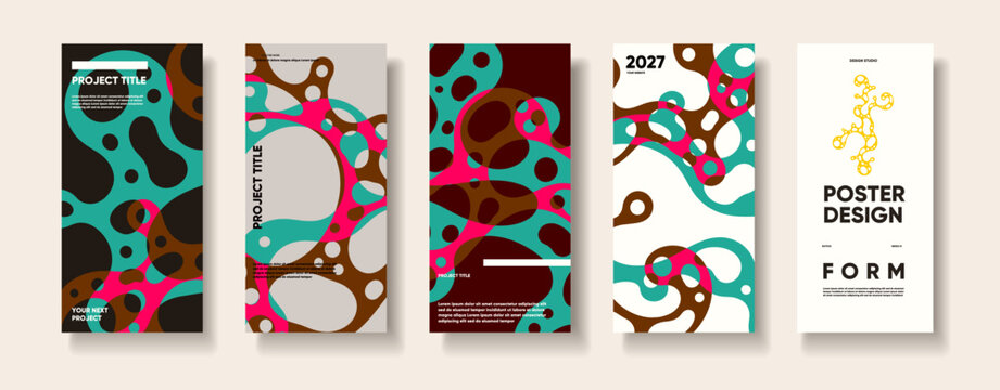 Design collection of vertical abstract posters featuring flowing organic shapes, rounded cutouts, bold typography, and contrasting layouts displayed against a neutral background.