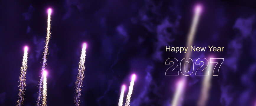 golden text happy new year 2027 with rising fireworks rockets isolate on dark night sky background, new years eve greeting card with copy space